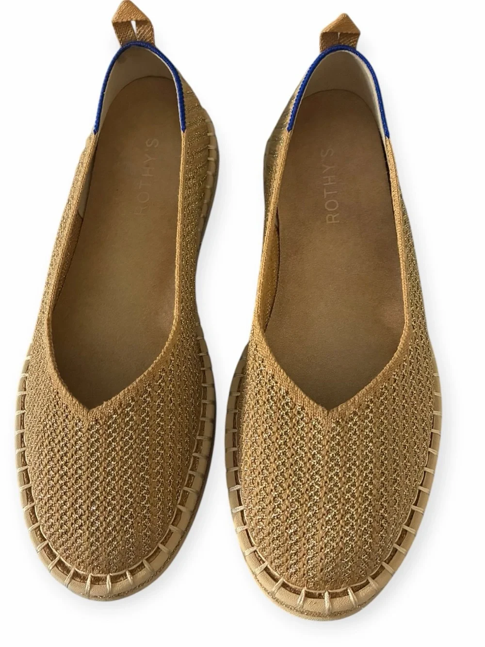 Rothy's The Espadrille Gold Stripe Metallic Hemp Knit Ballet Flats Coastal Sz 9
